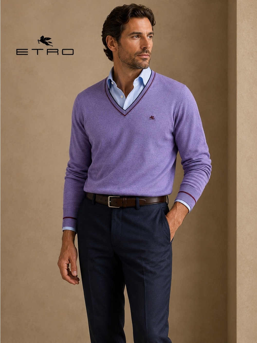 Etro Men's Lavender V-Neck Sweater with Contrast Trim